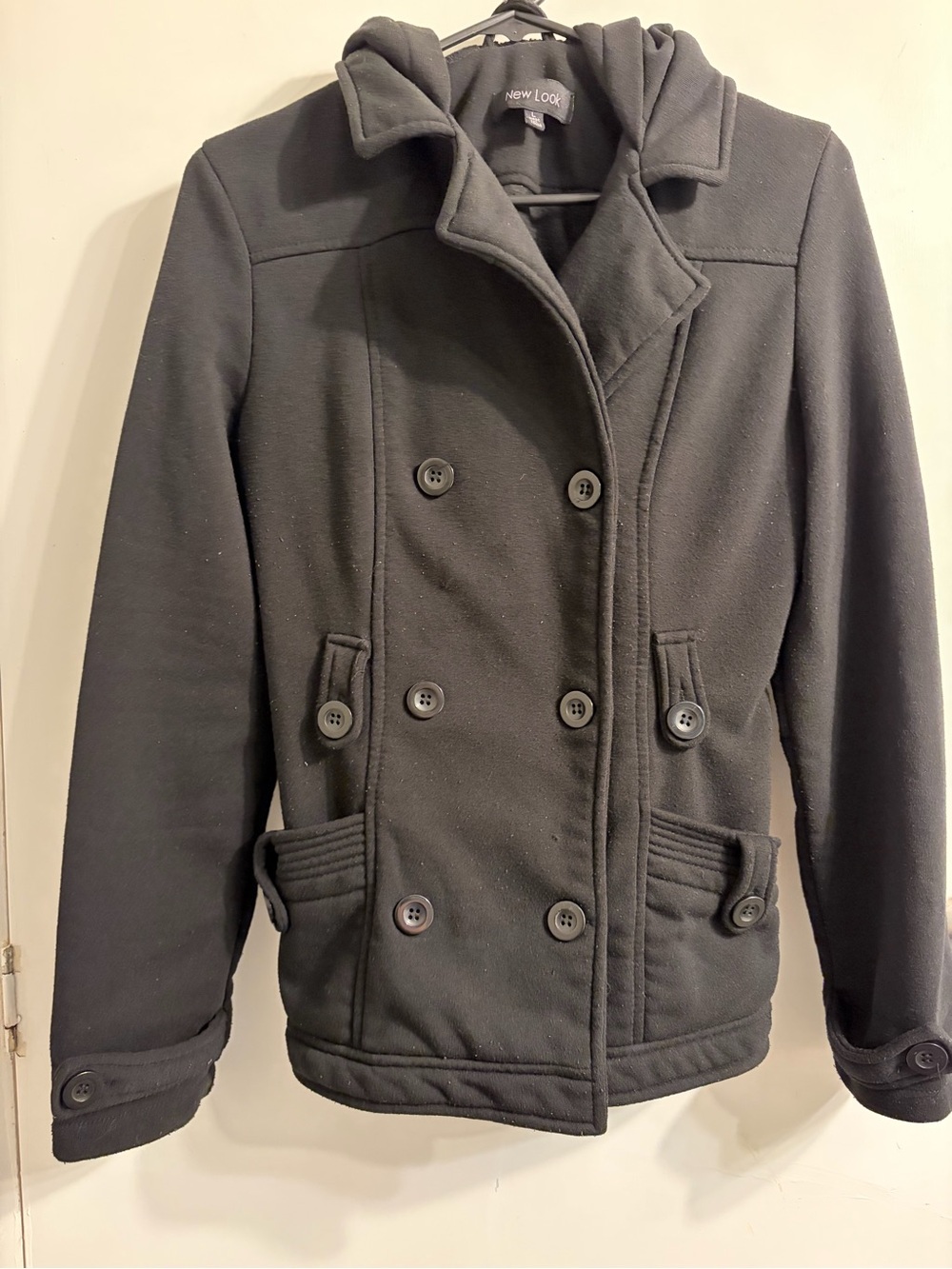New Look Women’s Black Double-Breasted Pea Coat with Button Details